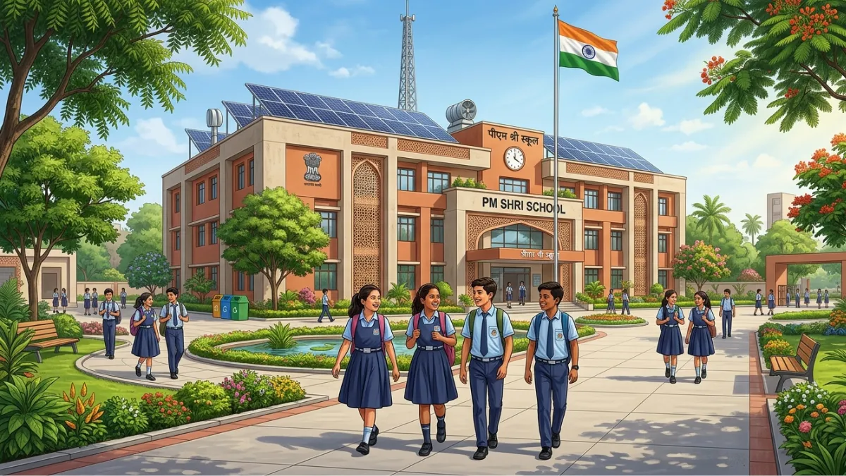 Government school campus with green trees, solar panels, clean surroundings, and happy students walking together